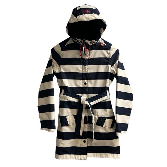 Helly Hansen Lyness Rain Coat XS Waterproof Belted Striped Nautical Jacket Sail - Picture 1 of 11